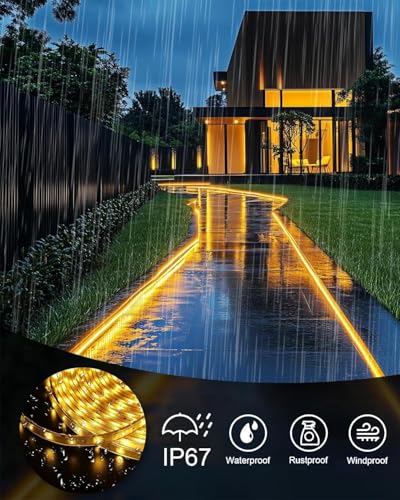 Image of Solar Led Strip Lights Outdoor, 20ft Solar Rope Lights Self-Adhesive Waterproof, 8 Mode with Remote Timer and Auto On /Off, Perfect for Deck, Patio, Poolside, Camping Decor, Warm White