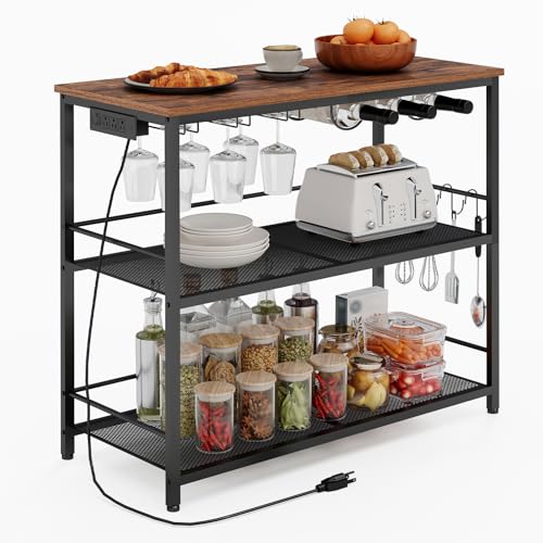 Image of MAHANCRIS 47.2" Kitchen Island, Kitchen Storage Rack with Power Outlet, Microwave Stand with Wine Rack, 3 Tier Coffee Bar Station for Dining Room, Rustic Brown and Black KIHR92E01