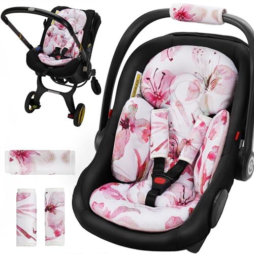 Image of TinlyFinly Car Seat Head Support for Infant and Newborn, Reversible Carseat Insert Universal Compatible with Baby Stroller, Mamaroo Swing, Rocker, Bassinet. Baby Car Seat Cushion - Pink Floral