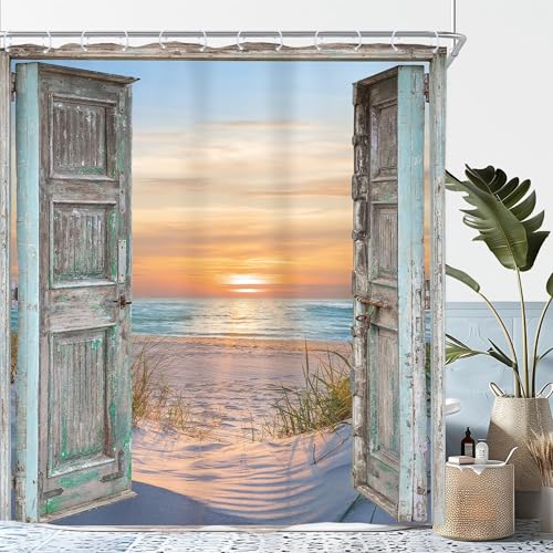 Image of Riyidecor Blue Beachy Shower Curtain,72Wx72H Inch Summer Beach Nautical Coastal Ocean,Rustic Barn Door Seashore Fabric Shower Curtains, Seaside Sunset Landscape Bathroom Decor Waterproof 12 Pack Hooks