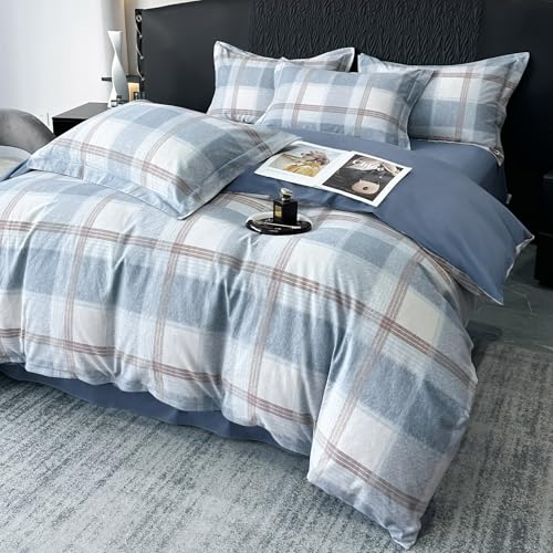 Image of VM VOUGEMARKET Blue Plaid Duvet Cover Queen,3 Pieces Soft Brushed Cotton Duvet Cover Set,Simple Modern Teen Boys Gingham Bedding Set Without Comforter-90x90 Inch