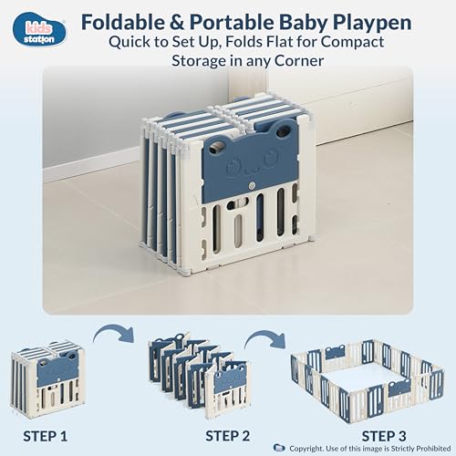 Image of Kids Station Little Bear Blue Baby Playpen with Playmat & 20 Colourful Balls Included, Safety Play Yard for Toddlers & Babies, Anti-Slip, Indoor /Outdoor, 150 x 180 cm