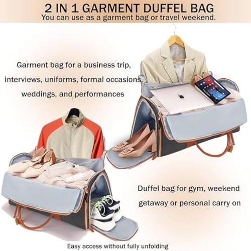 Image of FUOCO Carry On Travel Trolley Bag, PU Leather Mega Garment Duffle Bag for Women Men, Convertible Duffle Bag for Travel, 2 in 1 Hanging Suitcase Suit Traveling Bag 1 Year Warranty (Black Tan)