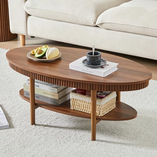 Turtle&Myrtle Oval Coffee Table, Mid-Century Modern Fluted Coffee Tables with 2-Tier Storage Shelf, 39.4' Wood Small Center Table for Living Room, Office, Easy Assembly, Walnut Brown