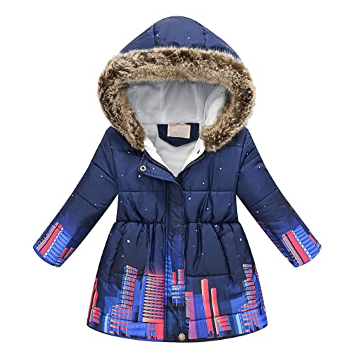 Girl's Flower Print Parka Winter Coat with Hooded Toddler Girls Puffer Jackets Thick Snowsuit Windproof Outerwear (Blue, 2-3 Years)