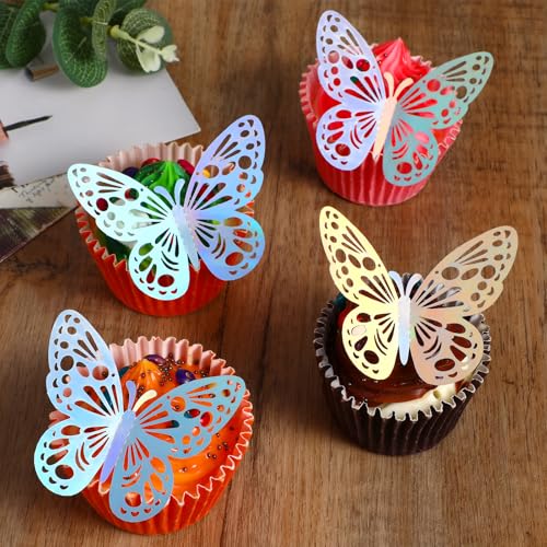 Wanmu 60 Stück Laser Schmetterling Wandaufkleber, 3 Größen Abnehmbare 3D Schmetterlinge Deko, Spiegel Funkeln Hohle Wandtattoo für Kinderzimmer, Hochzeit, Party, Geburtstag