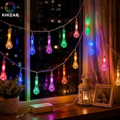 Image of KHIZAR 14 LED Water Drop String Lights, 3M Multicolor Plug-in Fairy Lights