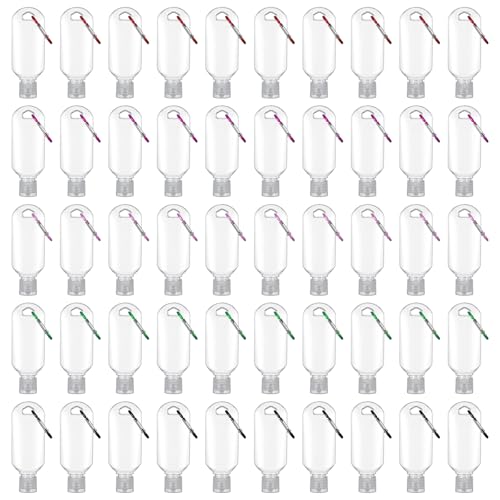 50 Pcs Traveling Bottles with Keychain 2oz Clear Keychain Bottle Plastic Keychains Empty Refillable Liquid Packing Container Squeeze Plastic Bottle with Lid for Liquid Cream (Rectangle)