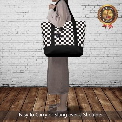 Image of TOPDesign 1-Pack Canvas Tote Bag with an External Pocket, Reusable Grocery Shopping Bag, Top Zipper Closure, Daily Essentials (Checkerboard /Black)
