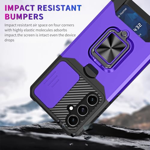 Image of LuxuryKase Shockproof Armor Case for Samsung Galaxy S26 Plus | Slide Camera Cover | Hidden Card Slot | Rotating Ring Kickstand | Magnetic Car Mount Support | Military Grade Protection - Purple