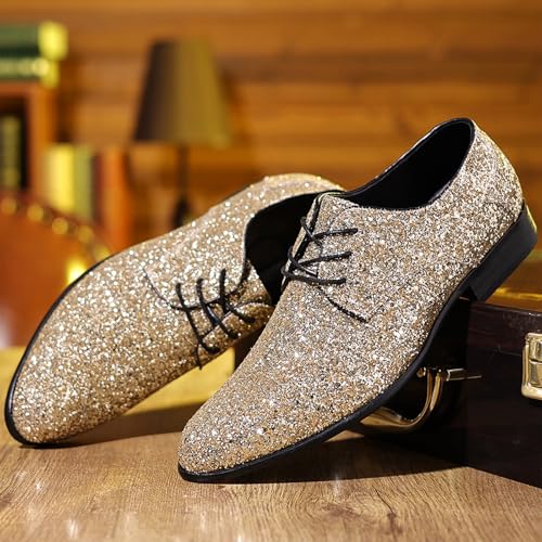 Men's Sequined Pointed Toe Oxford Shoes Fashion Glitter Sparkly Lace Up Low Block Heel Tuxedo Dress Shoes for Party Prom Wedding4