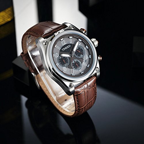 Time100 Men Multifunction Sports Casual Alloy Plating Case Leather Band Luminous Quartz Watches (Coffee2) #TOP4