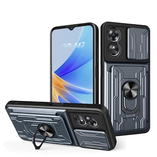 Jiajihua Case Compatible with Oppo A17 4G Card Slot Slide Push Camera Protection Car Mount Magnetic Kickstand Shockproof 2 in 1 Gray