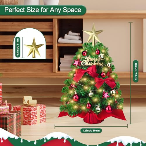 Komzon Mini árvore de Natal com luzes, árvore de Natal pequena de mesa de Prelit 50,8 cm, pinheiro e