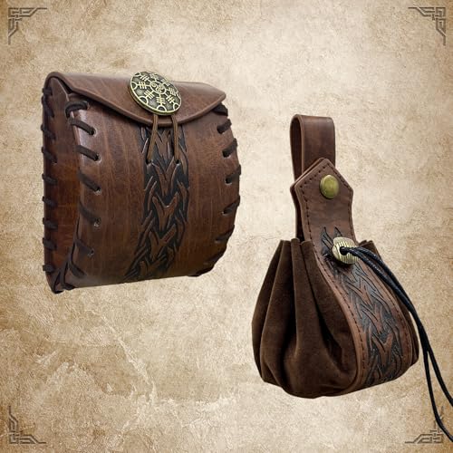 2 PCs Medieval Faux Leather Belt Bag, Renaissance Drawstring Pouch Dice Bag, Vintage Side Pack Coin Purse for LARP (Brown A)4