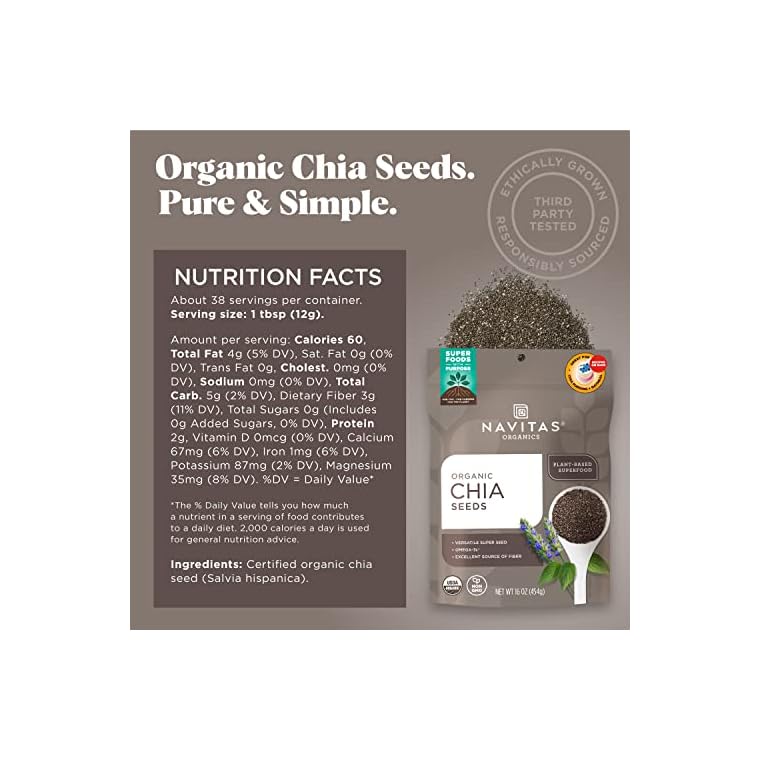 Navitas Organics Chia Seeds â For Chia Pudding, Smoothies, Baking, Salads & More â Omega 3, Fiber, Minerals - USDA Organic, Non GMO, Kosher, Gluten Free, Keto (16oz. Bag, 15 Servings) - Image 3