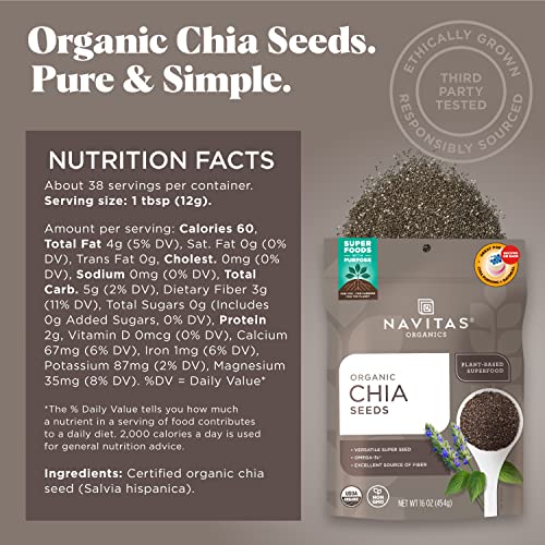 Image of Navitas Organics Chia Seeds - For Chia Pudding, Smoothies, Baking, Salads & More - Omega 3, Fiber, Minerals - USDA Organic, Non GMO, Kosher, Gluten Free, Keto (16oz. Bag, 15 Servings)