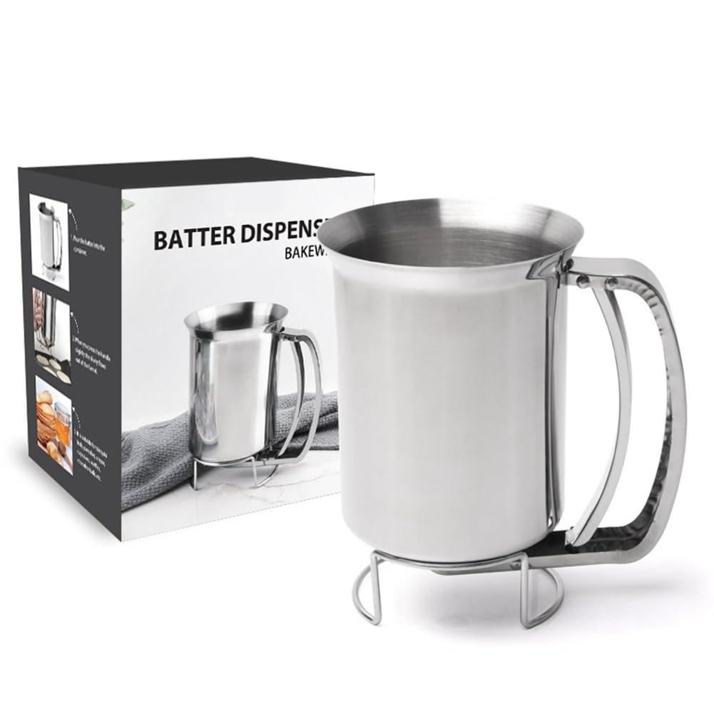 Premium Stainless Steel Batter Dispenser for Pancakes, Cupcakes, Cookies, Waffles & More - 900ML Handheld Pourer with Stand, Squeeze Handle, Unbreakable, Perfect for Various Baking (Stainless Steel)
