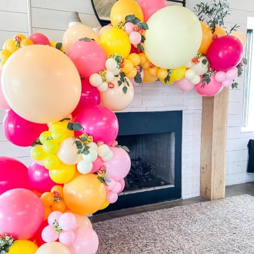 Image of Pink and Yellow Balloons 12 Inch Maca Hot Pink Yellow Balloons | Yellow and Pink Balloon with Confetti Balloons and Ribbon for Girls Peach Birthday Baby Shower Engagement Party Decorations