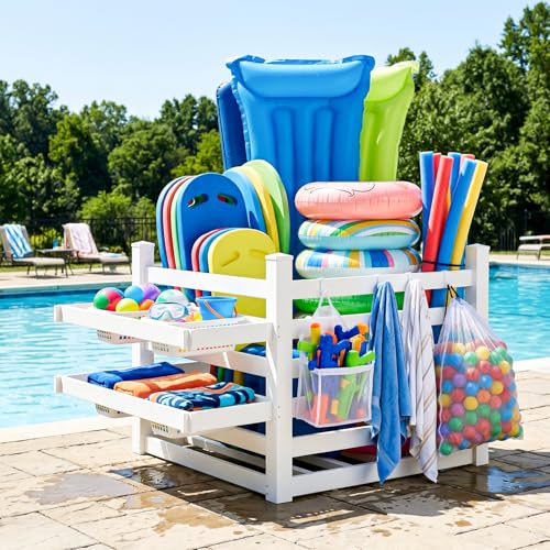 NAIZEA Pool Storage Bin 320 Gallon, 60" L x 43" W x 39" H Large Pool Float Storage Organizer with 6 Movable Hooks, Waterproof Outdoor Storage Box for Pool Toys, Floats & Deck Equipment
