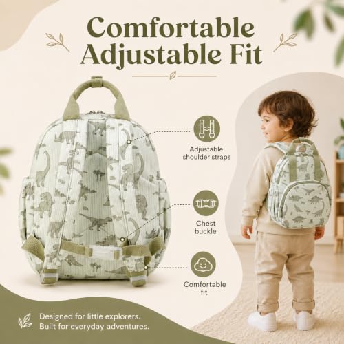 Image of Bluboon Toddler Backpack for Boys Girls 2-4 Cute 12 inch Preschool Kindergarten Backpacks Kids Daycare Bags School Travel (Green Dino Beige, Age 2-4 (12 inch H not Fit A4 Folder))