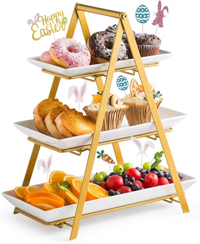 YHOSSEUN 3 Tier Serving Tray, Porcelain Tiered Tray Stand, 10+12+14 Inch Serving Platters and Trays with Collapsible Sturdier Rack, 3 Tiered Serving Stand Dessert Stands Treat Table Display Set, Gold