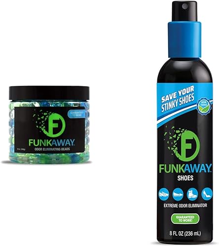 FunkAway FunkAway - Cuentas eliminadoras de olores, 12 onzas y espray eliminador de olores para zapatos, ropa y equipo (8 onzas) FunkAway