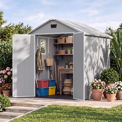Devoko 6X6 FT Plastic Outdoor Storage Shed with Floor, Light Grey