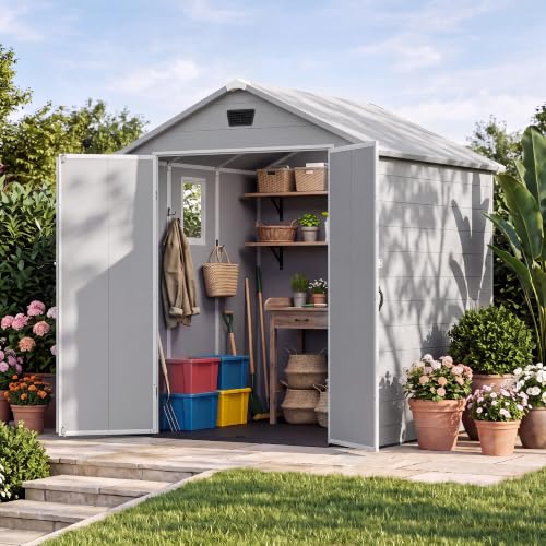 Image of Devoko 6X6 FT Plastic Outdoor Storage Shed with Floor, Light Grey | Resin Tool Sheds with Lockable Door and Window, Weather-Resistant Garden Shed, Easy Assembly for Backyard, Patio, Lawn