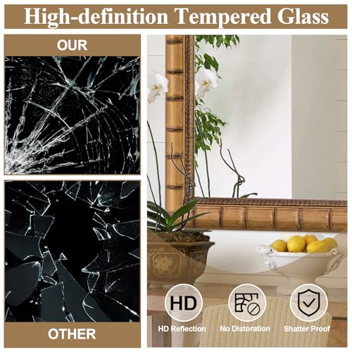 Image of Vintage Warm Gold Mirror, 39'' x 27'' Solid Wood Mirror Frame with Vintage Bamboo Design, Decorative Mirrors for Living Room, Bathroom, Bedroom, Entryway, Fireplace, Horizontal /Vertical