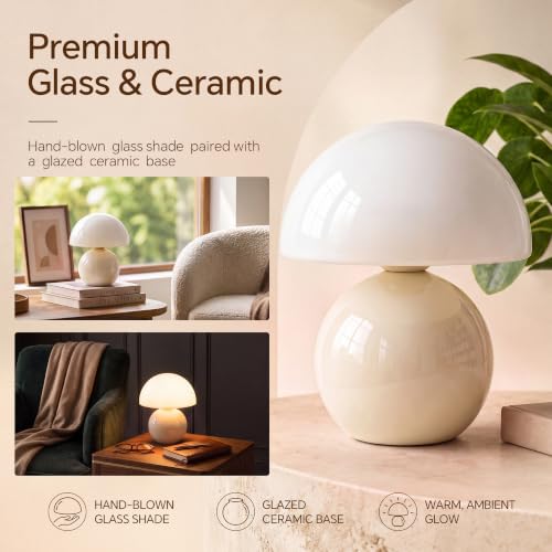 Image of Dawnwake Mushroom Lamp Table Lamp for Bedroom-Small Desk Table Lamps,Cream | 8.7 inch Mid Century Modern Table Lamps for Living Room Bedroom Decor,Cute Ceramic Lamps for Mushroom Home Room Decor,Glass Shade
