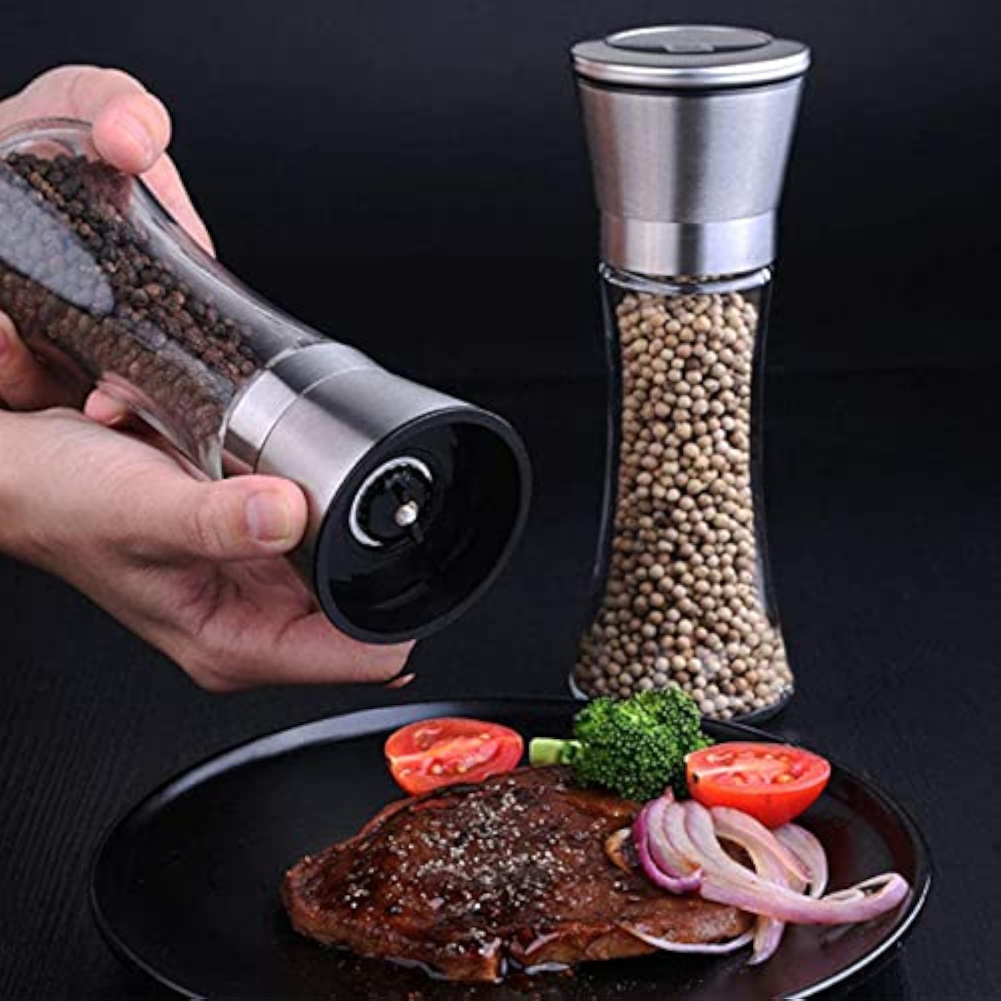 Salt and Pepper Grinder Set Combo with Two Free Spice Jars