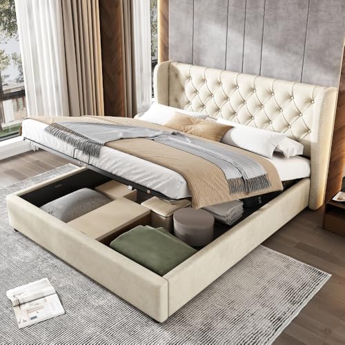 Wyibwy Cama acolchada de 140 x 200 cm, cama de matrimonio con dispositivo hidráulico, estructura de cama con somier de láminas y espacio de almacenamiento, paño antipolvo en la parte inferior de la