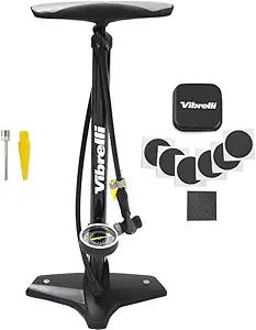 Vibrelli Bike Floor Pump with Gauge - High Pressure 160 PSI - Presta Valve Bike Pump Automatically Switches to Schrader - Bicycle Pump Comes with Glueless Puncture Kit