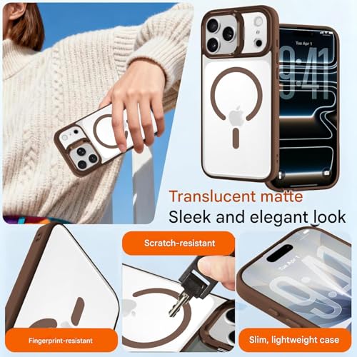 Image of VONZEE Clear Camera Kickstand Case for iPhone 17 Pro Max, Built-in Adjustable Camera Stand, Clear Magnetic Mag-Safe Shockproof Classic Series Phone Cover (Brown)