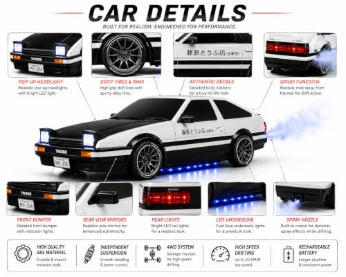 Image of RC Drift Car 1:16 Scale, drift-03 Set | 25KM /H High-Speed, 2.4GHz Remote Control, LED Lights, Rechargeable Battery, Replaceable Drift Tyres with Spare Wheels & Cones