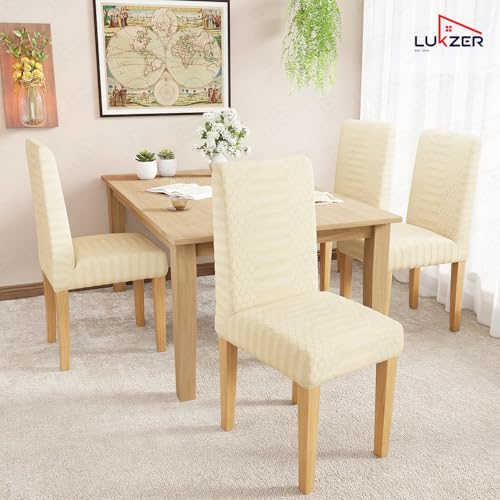 Image of Lukzer Elastic Dining Chair Cover - 2PC Pastel Yellow Dotted Stripe | Textured High Stretch Jacquard Seat Cover | Removable Washable Short Dining Chair Cover Protector Seat Slipcover | (CC-070-02)