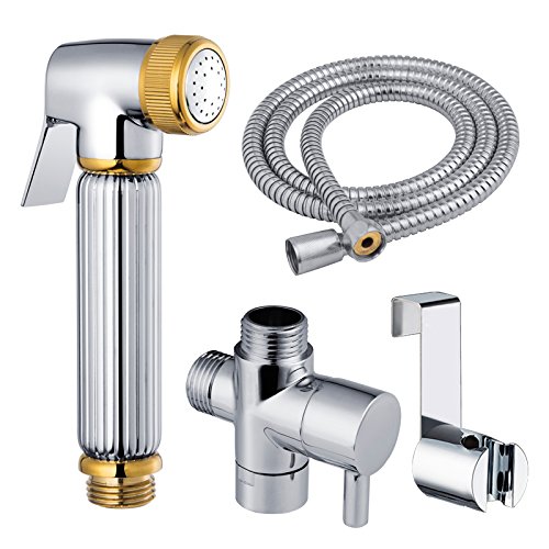Complete set of high quality premium stainless steel with gold finish accent Fresh Spa hand held Bidet/Shattaf with flexible hose.