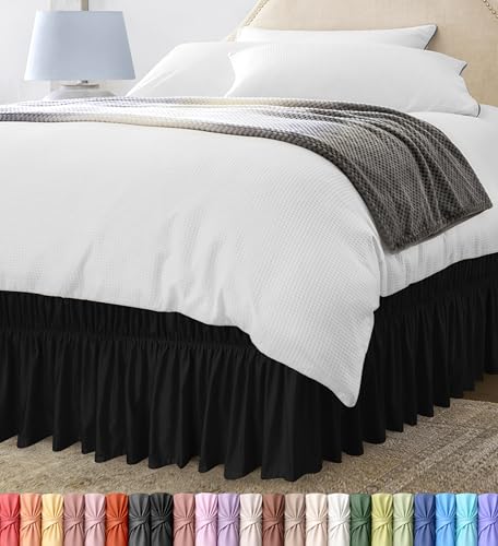 Wrap Around Ruffle Queen Size Bed Skirt Adjustable Buckle & Elastic Belt for Easy Installation 16 Inch Drop Brushed Microfiber - Machine Washable Fade and Wrinkle Resistant Black