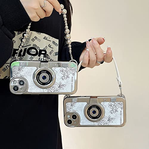 UnnFiko iPhone 14 Plus ケース カメラデザイン おしゃれ レトロ 3D ハードケース おもしろい 携帯保護カバー 6.1インチ アイフォン 11 ケース ネックストラップ付き (iPhone 14 Plus, パールチェーン ローズ)