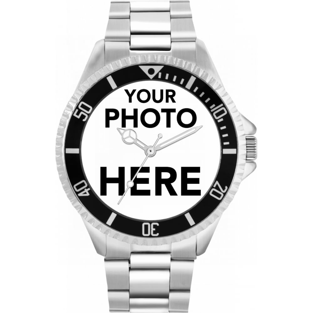 Personalised Engravable Photo Gifts for Men and Boys, Analogue Quartz Movement Watch, Custom Made Watch, Silver, Silver/Silver strap