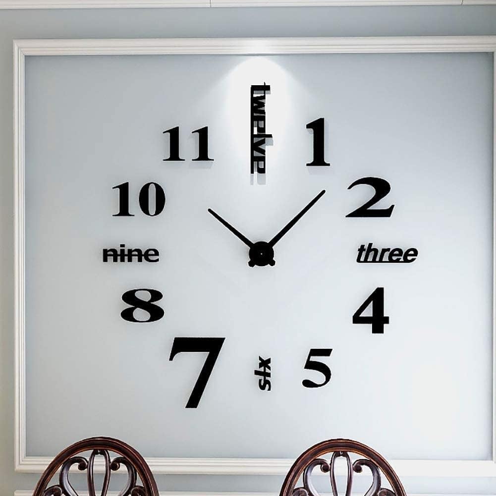 DIY 3D Wall Clock,Decor Sticker Mirror Clock,Modern Frameless Large Wall Clock Kit for Living Room Bedroom (Color : Black)