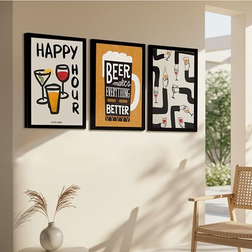 Image of PAINTINGMANTRA Bar and Beer Retro Graphic Framed Poster for Living Room inchHappy Hour inch Retro Framed Painting for Home Decor Bar Pub Lounge Dining area restaurant Hotel Set of 3, Size 33x45 cm