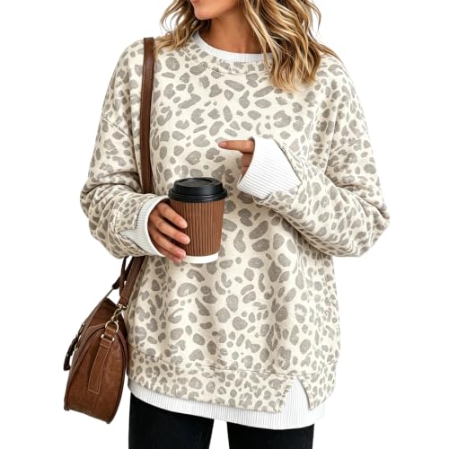 Oversized Crewneck Sweatshirt Women Y2K Leopard Print Patchwork Sweatshirt - image 6