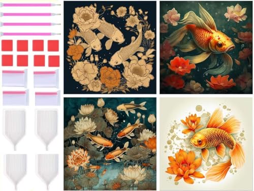 Diamond Painting Fleur Poisson Koi Lot de 4 broderies diamants carrés 100x100cm T-8316