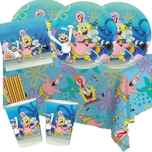 BeenSmile Set per feste a tema Bob Spongebob, 37 pezzi, piatti di carta, bicchieri di carta, tovaglioli, tovaglia + 8 cannucce di carta, per compleanno dei bambini