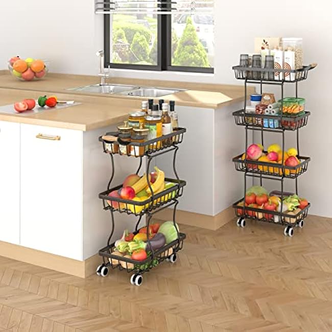 4 Tier Slim Fruit Basket for Kitchen, Stackable Metal Wire Fruit Vegetable Storage Baskets Organizer Stand on Wheels, Produce Basket Potato Onion Storage Bins Rack for Pantry. (Black)