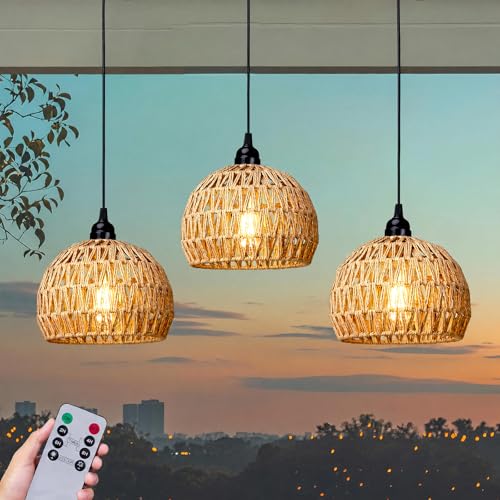 ALL FORTUNE Battery Operated Hanging Outdoor Chandelier Battery Power Pendant Light Gazebo Lights Outdoor Waterproof for Gazebo Pergola Porch Patio Indoor Outdoor Decor Lighting (3)