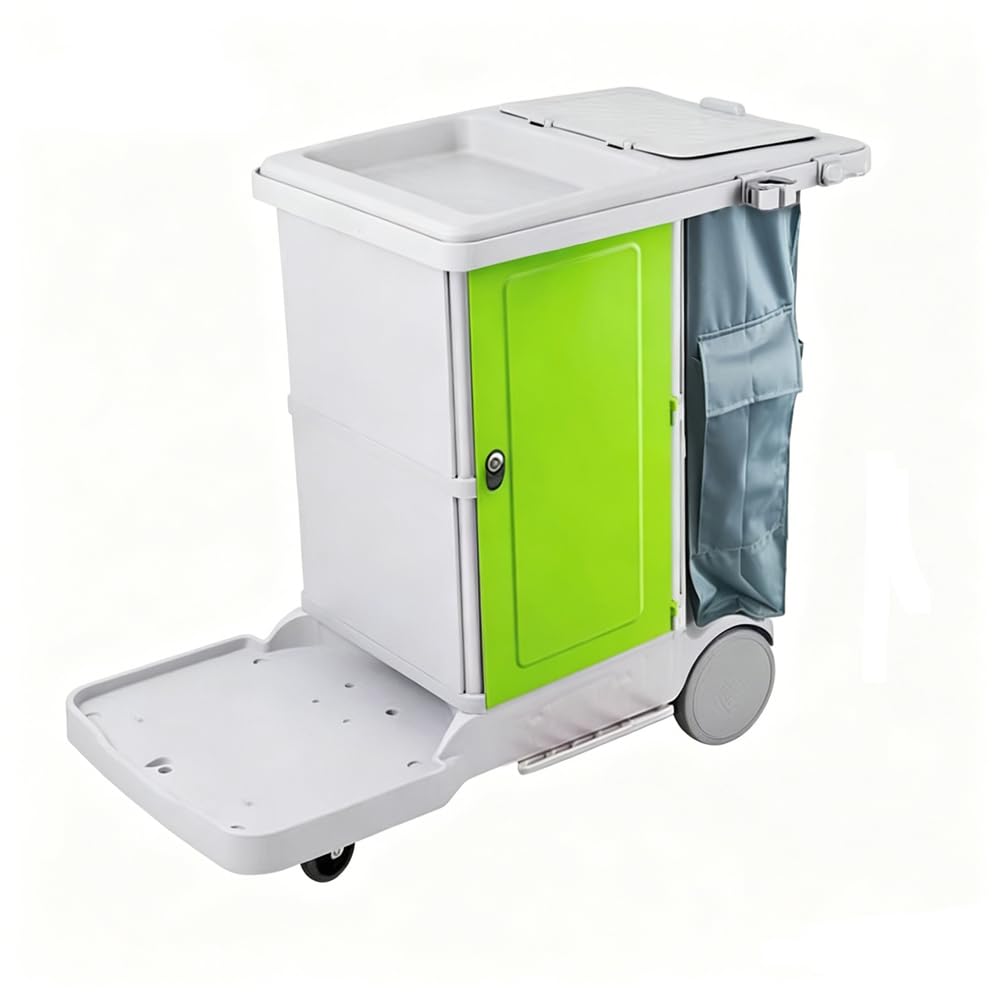 Carrello per Pulizie Commerciale a 3 Ripiani con Ruote, Carrello Multiuso in plastica ingegnerizzata con Serratura, Borsa in Oxford e Copertura Antipolvere.