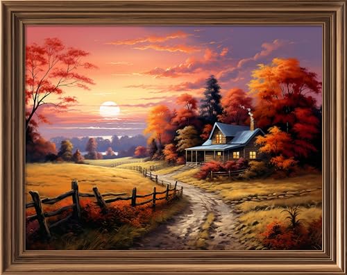 Image of Leczany Cross Stitch Stamped Kit for Beginner - Autumnal Scenery | DIY Embroidery Starter Patterns Craft Kit Needlepoint for Adults | 11CT, 3 Strands | 17.7x13.4 inches